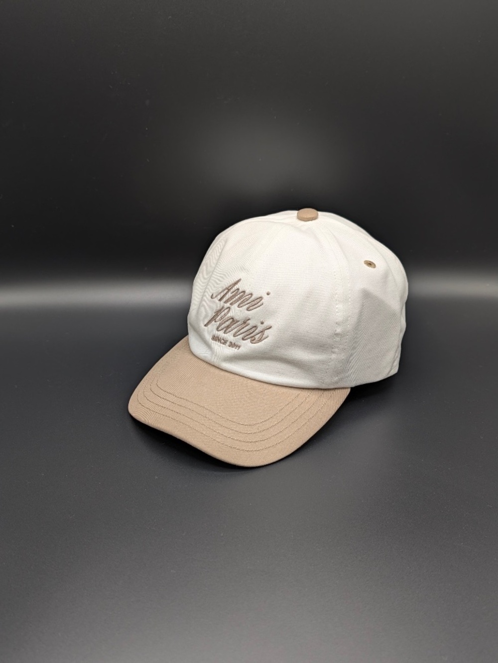 AMI Paris Bicolor Cap Beige Taupe Blanc Creme Twill Baseball Hat Strapback NWT